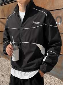 STEELVANCE Men's Stand Collar Letter Print Striped Colorblock Jacket - Black - View 6