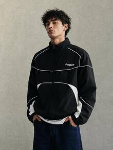 STEELVANCE Men's Stand Collar Letter Print Striped Colorblock Jacket - Black - View 2