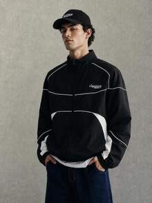 STEELVANCE Men's Stand Collar Letter Print Striped Colorblock Jacket - Black - View 1