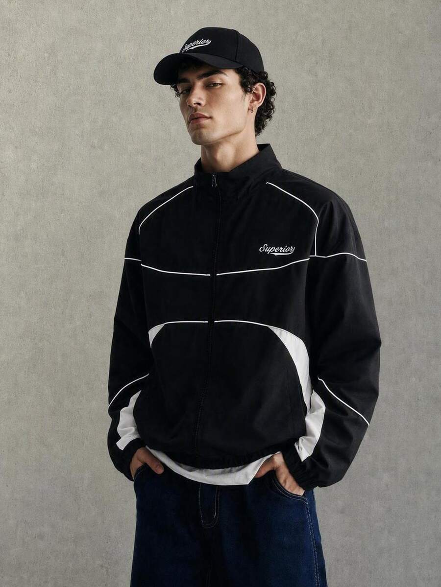 STEELVANCE Men's Stand Collar Letter Print Striped Colorblock Jacket - Black - View 1