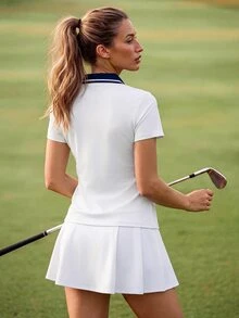 CourtClass CourtClass Women's Colorblock Polo Collar Tennis Sports T-Shirt - White - View 2