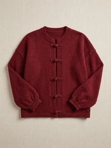 Freevana Plus Size Autumn/Winter Casual Solid Color Frog Button Cardigan - Burgundy - View 11