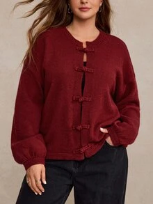 Freevana Plus Size Autumn/Winter Casual Solid Color Frog Button Cardigan - Burgundy - View 5