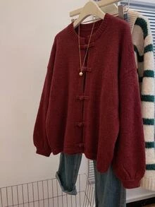 Freevana Plus Size Autumn/Winter Casual Solid Color Frog Button Cardigan - Burgundy - View 10