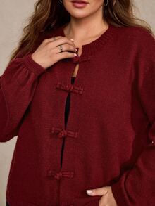 Freevana Plus Size Autumn/Winter Casual Solid Color Frog Button Cardigan - Burgundy - View 7