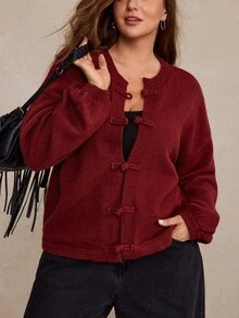 Freevana Plus Size Autumn/Winter Casual Solid Color Frog Button Cardigan - Burgundy - View 1