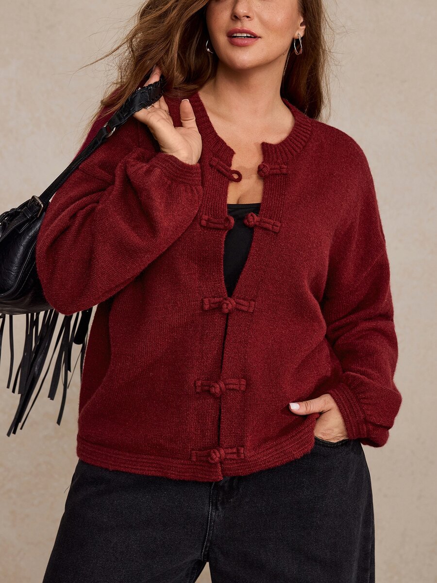 Freevana Plus Size Autumn/Winter Casual Solid Color Frog Button Cardigan - Burgundy - View 1