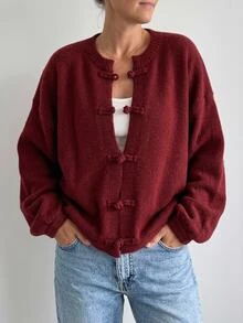 Freevana Plus Size Autumn/Winter Casual Solid Color Frog Button Cardigan - Burgundy - View 2