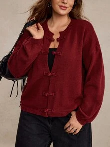 Freevana Plus Size Autumn/Winter Casual Solid Color Frog Button Cardigan - Burgundy - View 3