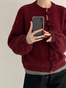 Freevana Plus Size Autumn/Winter Casual Solid Color Frog Button Cardigan - Burgundy - View 9