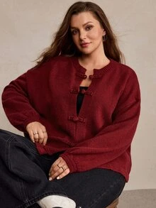 Freevana Plus Size Autumn/Winter Casual Solid Color Frog Button Cardigan - Burgundy - View 8