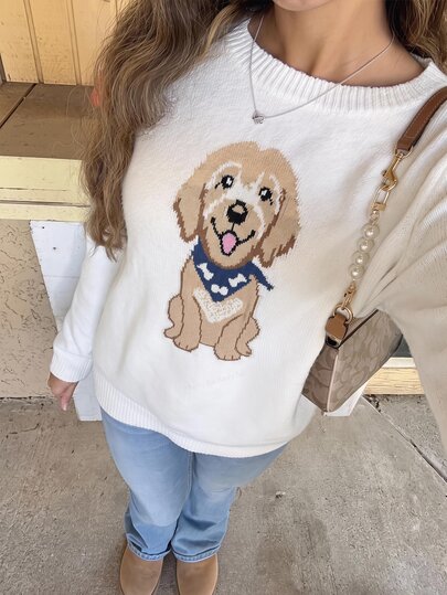 CovetEZ Women's Cute Puppy Pattern Round Neck Long Sleeve Pullover White Sweater, Women's Dog Sweater, Knitted Pullover Sweater, Suitable For Autumn/Winter, Party, Date, Graduation Season, Back To School, Music Festival, Basic Casual, Christmas, Halloween