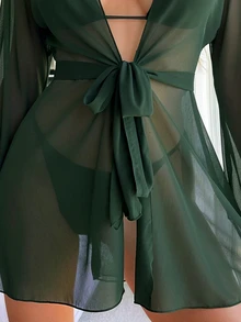 SHEIN Swim 女士纯色系结前开襟和服罩衫 - 墨綠色 - 查看 3