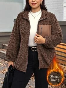 Comfylo Plus Size Casual Reversible Fleece Patchwork Jacket For Winter Winter Clothes - Coffee Brown - View 7