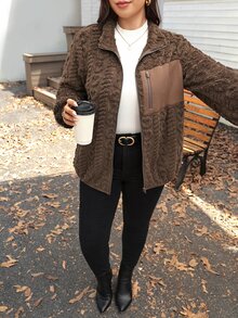 Comfylo Plus Size Casual Reversible Fleece Patchwork Jacket For Winter Winter Clothes - Coffee Brown - View 8