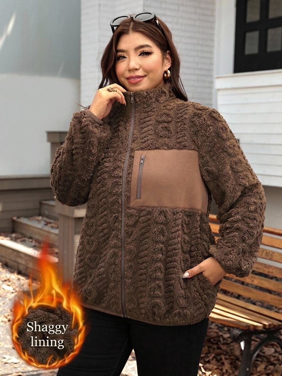 Comfylo Plus Size Casual Reversible Fleece Patchwork Jacket For Winter Winter Clothes - Coffee Brown - View 1