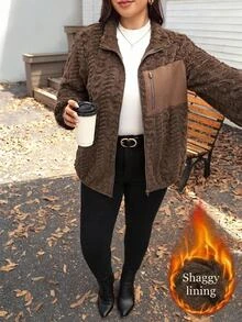 Comfylo Plus Size Casual Reversible Fleece Patchwork Jacket For Winter Winter Clothes - Coffee Brown - View 3