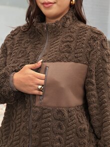 Comfylo Plus Size Casual Reversible Fleece Patchwork Jacket For Winter Winter Clothes - Coffee Brown - View 10