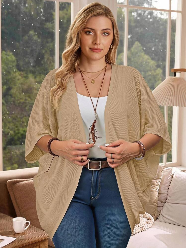 Rosumi Plus Size Vacation Solid Color Asymmetric Hem Batwing Sleeve Casual Jacket,Spring/Summer Fall - Khaki - View 8