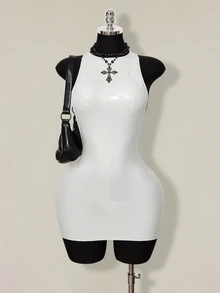 SHEIN ICON 女士性感纯色露背无袖紧身迷你连衣裙，夏季 - 白色 - 查看 5