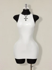 SHEIN ICON 女士性感纯色露背无袖紧身迷你连衣裙，夏季 - 白色 - 查看 7