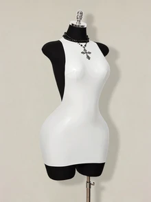 SHEIN ICON 女士性感纯色露背无袖紧身迷你连衣裙，夏季 - 白色 - 查看 8