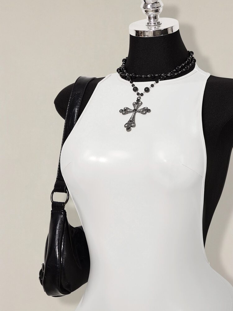 SHEIN ICON 2026 New Arrive Women's Y2k White Solid Color Backless Sleeveless Bodycon Mini Dress,Spring/Summer Open Back ,Summer - White - View 5