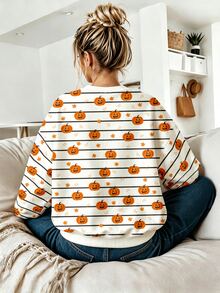 SHEIN Elladie kids 趣味橘色與白色南瓜條紋感恩節印花，Trick Or Treat 青少年女孩休閒可愛柔軟圓領套頭抓絨衛衣 - 彩色 - 查看 6