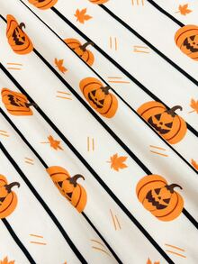 SHEIN Elladie kids 趣味橘色與白色南瓜條紋感恩節印花，Trick Or Treat 青少年女孩休閒可愛柔軟圓領套頭抓絨衛衣 - 彩色 - 查看 4