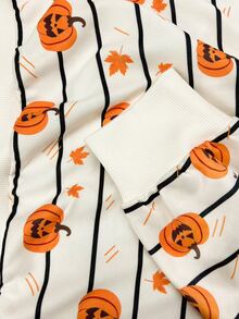 SHEIN Elladie kids 趣味橘色與白色南瓜條紋感恩節印花，Trick Or Treat 青少年女孩休閒可愛柔軟圓領套頭抓絨衛衣 - 彩色 - 查看 5