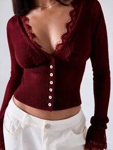 LYSMO 女款蕾絲拼接休閒百搭日常穿搭開襟衫 - 紅色 - 查看 3