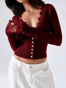 LYSMO 女款蕾絲拼接休閒百搭日常穿搭開襟衫 - 紅色 - 查看 6