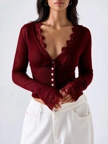 LYSMO 女款蕾絲拼接休閒百搭日常穿搭開襟衫 - 紅色 - 查看 5