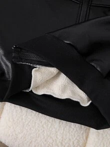 SHEIN 青少年女孩長袖秋季外套 黑色拉鍊翻領羅紋袖口 街頭風酷帥百搭休閒款 黑色機車 PU 皮革拼接白色 F... - 黑色 - 查看 9