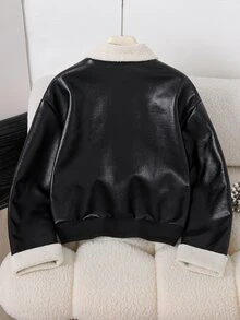 SHEIN 青少年女孩長袖秋季外套 黑色拉鍊翻領羅紋袖口 街頭風酷帥百搭休閒款 黑色機車 PU 皮革拼接白色 F... - 黑色 - 查看 2