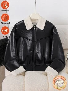 SHEIN 青少年女孩長袖秋季外套 黑色拉鍊翻領羅紋袖口 街頭風酷帥百搭休閒款 黑色機車 PU 皮革拼接白色 F... - 黑色 - 查看 4