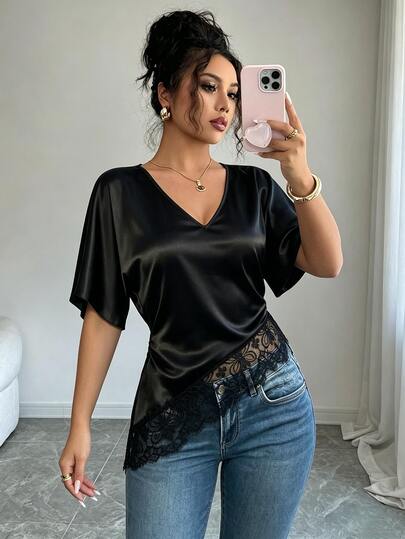 Elenzga Plus Size Women Elegant Satin V‑Neck Flutter Short Sleeve Lace Trim Asymmetric Hem Patchwork Blouse, Casual Daily Going Out Date Night Party Top