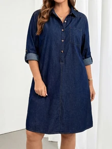 SHEIN Tall CURVE 大尺碼女款鈕扣半開襟捲袖休閒優雅 80 年代牛仔洋裝 牛仔女郎風格 返校季教師正式海灘風 海軍藍 秋季 - 藍色 - 查看 1