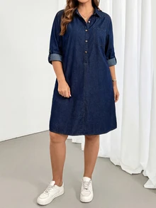 SHEIN Tall CURVE 大尺碼女款鈕扣半開襟捲袖休閒優雅 80 年代牛仔洋裝 牛仔女郎風格 返校季教師正式海灘風 海軍藍 秋季 - 藍色 - 查看 4