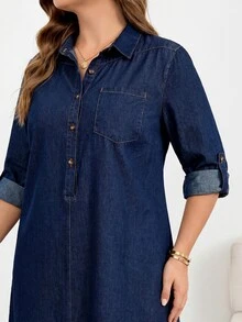 SHEIN Tall CURVE 大尺碼女款鈕扣半開襟捲袖休閒優雅 80 年代牛仔洋裝 牛仔女郎風格 返校季教師正式海灘風 海軍藍 秋季 - 藍色 - 查看 3