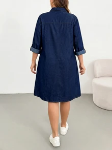 SHEIN Tall CURVE 大尺碼女款鈕扣半開襟捲袖休閒優雅 80 年代牛仔洋裝 牛仔女郎風格 返校季教師正式海灘風 海軍藍 秋季 - 藍色 - 查看 2
