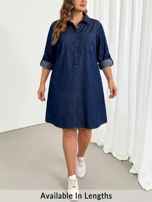 SHEIN Tall CURVE 大尺碼女款鈕扣半開襟捲袖休閒優雅 80 年代牛仔洋裝 牛仔女郎風格 返校季教師正式海灘風 海軍藍 秋季 - 藍色 - 查看 7