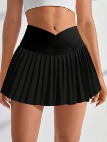 CourtClass CourtClass Solid Pleated Sports Skort Tennis Skirt Athletic Skirt - Black - View 3