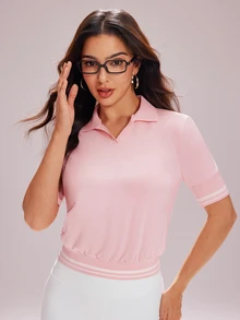CourtClass CourtClass Women's Color Block Casual Versatile Daily Wear Sports Golf Polo Shirt - Pink - View 4