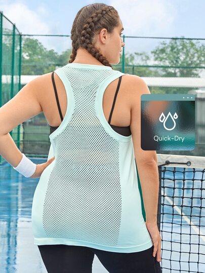 SHEIN Sports Plus Hollow Out Fishnet Insert Sports Tank Top,Women Tennis Outfit
