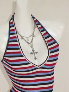 SHEIN ICON Sexy Deep V-Neck Rainbow Striped Tight Camisole - Multicolor - View 9