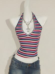 SHEIN ICON Sexy Deep V-Neck Rainbow Striped Tight Camisole - Multicolor - View 10