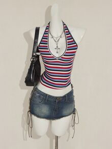 SHEIN ICON Sexy Deep V-Neck Rainbow Striped Tight Camisole - Multicolor - View 5