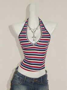 SHEIN ICON Sexy Deep V-Neck Rainbow Striped Tight Camisole - Multicolor - View 4