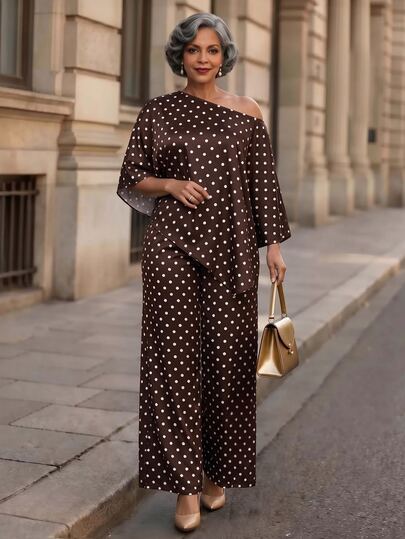 SHEIN Lady Middle-Aged Women Polka Dot Asymmetric Shoulder Top And Long Pants Casual Daily Outfit